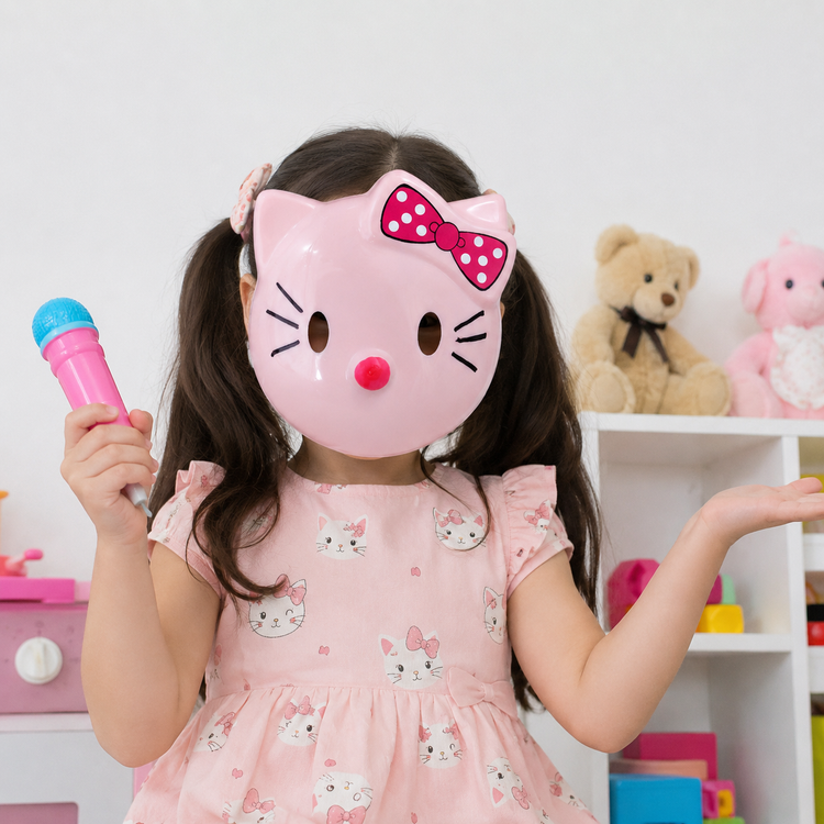 دختر بچه در حال بازی با ماسک کیتی صورتی، مناسب سرگرمی و ایفای نقش